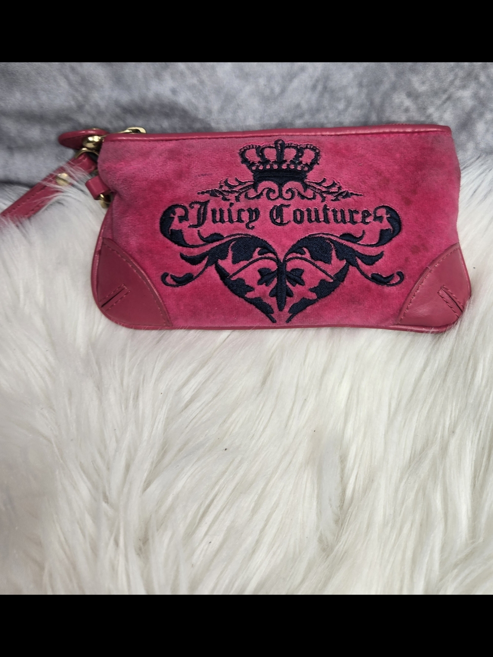 Juicy Couture Hot Pink Suede Wristlet Clutch with Black Embroidery